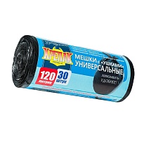 Мешки для мусора 120 л, с ушками, черные, в рулоне 30 шт., ПНД, 15 мкм, 1100х700 мм, Крепак, 4607075710375 в Ухте